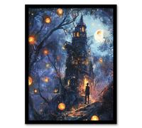 Man By Witch House Dark Forest Fantasy Art Framed Art Print Artery8 Blue A4