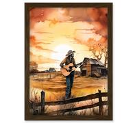 Artery8 Man Playing Country Music Guitar in Countryside Farm on Sunset Modern Watercolour Painting Artwork Framed Wall Art Print A4