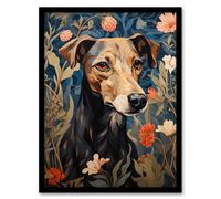 Artery8 Manchester Terrier On Elegant Blue Floral Backdrop William Morris Style Pattern Artwork Flowers Art Print Framed Poster Wall Decor Artery8 Black W12" x H16"