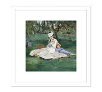 Artery8 Manet Monet Family In Their Garden Argenteuil Painting 8X8 Inch Square Wooden Framed Wall Art Print Picture with Mount in White Artery8 White
