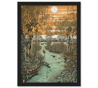 Artery8 Mangrove Forest Swamp Landscape Linocut Style Artwork Framed Wall Art Print A4