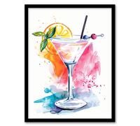 Manhattan Cocktail Bright Modern Watercolour Framed Art Print Artery8 Pink W12 inch x H16 inch