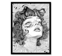 Artery8 Manic Pixie Girl Trippy Black White Line Portrait Living Room Artwork Framed Wall Art Print 18X24 Inch