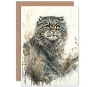 Artery8 Manul Pallas Cat Portrait in Wildflowers Watercolour Illustration Art Birthday Sealed Greeting Card Plus Envelope Blank inside