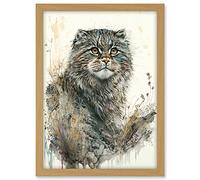 Artery8 Manul Pallas Cat Portrait in Wildflowers Watercolour Illustration Artwork Framed A3 Wall Art Print