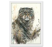 Artery8 Manul Pallas Cat Portrait in Wildflowers Watercolour Illustration Artwork Framed A3 Wall Art Print