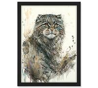 Artery8 Manul Pallas Cat Portrait in Wildflowers Watercolour Illustration Artwork Framed A3 Wall Art Print