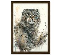 Artery8 Manul Pallas Cat Portrait in Wildflowers Watercolour Illustration Artwork Framed A3 Wall Art Print