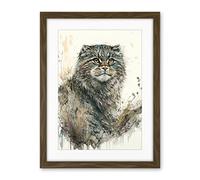 Artery8 Manul Pallas Cat Portrait in Wildflowers Watercolour Illustration Artwork Framed Wall Art Print 18X24 Inch