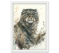 Artery8 Manul Pallas Cat Portrait in Wildflowers Watercolour Illustration Artwork Framed Wall Art Print A4