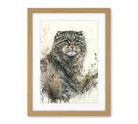 Artery8 Manul Pallas Cat Portrait in Wildflowers Watercolour Illustration Artwork Framed Wall Art Print 18X24 Inch