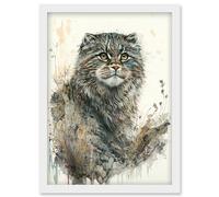 Artery8 Manul Pallas Cat Portrait in Wildflowers Watercolour Illustration Artwork Framed Wall Art Print A4