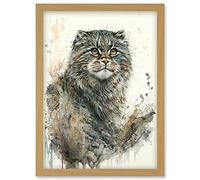 Artery8 Manul Pallas Cat Portrait in Wildflowers Watercolour Illustration Artwork Framed Wall Art Print A4