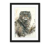 Artery8 Manul Pallas Cat Portrait in Wildflowers Watercolour Illustration Artwork Framed Wall Art Print 18X24 Inch