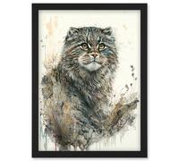 Artery8 Manul Pallas Cat Portrait in Wildflowers Watercolour Illustration Artwork Framed Wall Art Print A4 in Black Artery8 Black