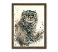Artery8 Manul Pallas Cat Portrait in Wildflowers Watercolour Illustration Artwork Framed Wall Art Print 18X24 Inch