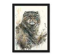 Artery8 Manul Pallas Cat Portrait in Wildflowers Watercolour Illustration Artwork Framed Wall Art Print 18X24 Inch