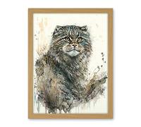 Artery8 Manul Pallas Cat Portrait in Wildflowers Watercolour Illustration Artwork Framed Wall Art Print 18X24 Inch