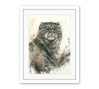 Artery8 Manul Pallas Cat Portrait in Wildflowers Watercolour Illustration Artwork Framed Wall Art Print 18X24 Inch