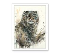 Artery8 Manul Pallas Cat Portrait in Wildflowers Watercolour Illustration Artwork Framed Wall Art Print 18X24 Inch