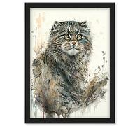 Artery8 Manul Pallas Cat Portrait in Wildflowers Watercolour Illustration Artwork Framed Wall Art Print A4