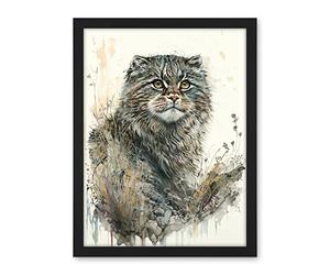 Artery8 Manul Pallas Cat Portrait in Wildflowers Watercolour Illustration Artwork Framed Wall Art Print 18X24 Inch