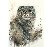 Artery8 Manul Pallas Cat Portrait in Wildflowers Watercolour Illustration Large Wall Art Poster Print Thick Paper 18X24 Inch