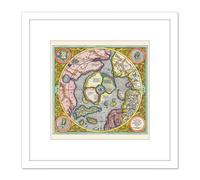 Artery8 Map 1606 Mercator Hondius Polar Arctic 8X8 Inch Square Wooden Framed Wall Art Print Picture with Mount in White Artery8 White