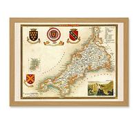 Map Antique Moule 1850 Cornwall County England UK Artwork Framed Wall Art Print A4 Artery8 Light Oak One Size