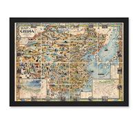 Artery8 Map Diakoff 1931 China Pictorial Unfolded Artwork Framed Wall Art Print A4