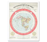 Wall Art Print Gleason 1892 New Standard Map of the World Time Calculator Flat Earth Vintage Poster Art Framed Artery8 White W12 inch x H16 inch