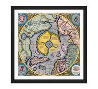 Artery8 Map Mercator 1623 North Pole Arctic Pictorial Chart Square Wooden Framed Wall Art Print Picture 16X16 Inch