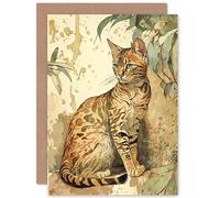 Artery8 Marble Coat Bengal Cat Perched on Street Wall Watercolour Illustration Art Birthday Sealed Greeting Card Plus Envelope Blank inside