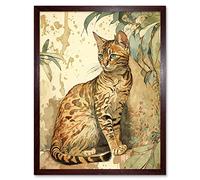 Artery8 Marble Coat Bengal Cat Perched on Street Wall Watercolour Illustration Artwork Framed Wall Art Print 9X7 Inch