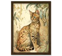Marble Coat Bengal Cat Perched on Street Wall Watercolour Illustration Artwork Framed Wall Art Print A4 Artery8 Brown One Size