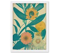 Artery8 Marigold Daisy Flowers Turquoise Leaves Bright Colourful Abstract Artwork Framed Wall Art Print A4 in White Artery8 White