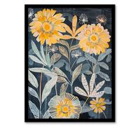 Artery8 Marigold Flowers Artwork Dark Forest Floral Blue Living Room Artwork Framed Wall Art Print A4