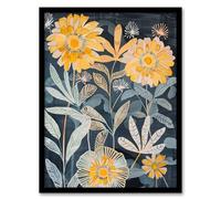 Artery8 Marigold Flowers Artwork Dark Forest Floral Blue Living Room Artwork Framed Wall Art Print 18X24 Inch