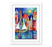 Artery8 Marina At Night Colourful Folk Art Watercolour Painting Artwork Framed Wall Art Print 18X24 Inch
