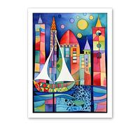 Artery8 Marina At Night Colourful Folk Art Watercolour Painting Artwork Framed Wall Art Print 18X24 Inch
