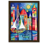 Artery8 Marina At Night Colourful Folk Art Watercolour Painting Artwork Framed Wall Art Print A4