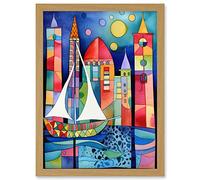 Artery8 Marina At Night Colourful Folk Art Watercolour Painting Artwork Framed Wall Art Print A4