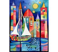 Artery8 Marina At Night Colourful Folk Art Watercolour Painting Large Wall Art Poster Print Thick Paper 18X24 Inch