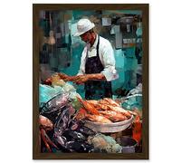 Artery8 Market Fishmonger Selling Fresh Catch Seafood Artwork Framed A3 Wall Art Print