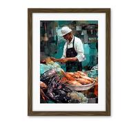 Artery8 Market Fishmonger Selling Fresh Catch Seafood Artwork Framed Wall Art Print 18X24 Inch