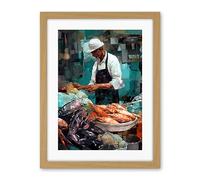 Artery8 Market Fishmonger Selling Fresh Catch Seafood Artwork Framed Wall Art Print 18X24 Inch