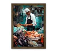Artery8 Market Fishmonger Selling Fresh Catch Seafood Artwork Framed Wall Art Print 18X24 Inch