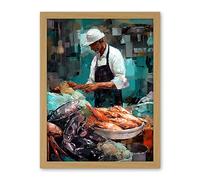 Artery8 Market Fishmonger Selling Fresh Catch Seafood Artwork Framed Wall Art Print 18X24 Inch