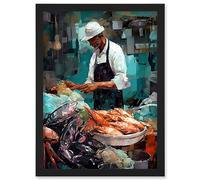 Artery8 Market Fishmonger Selling Fresh Catch Seafood Artwork Framed Wall Art Print A4