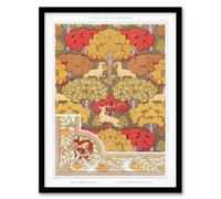 Artery8 Maurice Pillard Verneuil Framed Wall Art Stag Deer Trees Pattern in Green | Size: A4 Artery8 Green A4